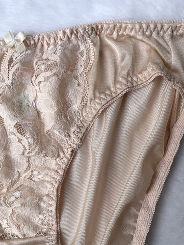 Nude Beige Slippery Vintage Nylon Panty Sheer Lace Bikini High Leg Briefs SZ.7-8 - Picture 5 of 20
