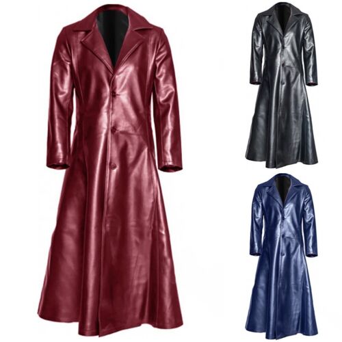 Fashionable Men's Leather Trench Coat Slim Windbreaker Jacket in PU Material - Foto 1 di 11