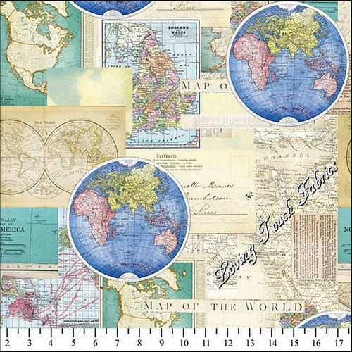 DAVID TEXTILES "VINTAGE KARTOGRAPHIE" WELTKARTE #RS-52469 STOFFHOF - Bild 1 von 2