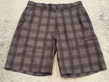 Pebble Beach Performance Golf Shorts Mens 34 Black Gray Plaid Cargo Flat Front