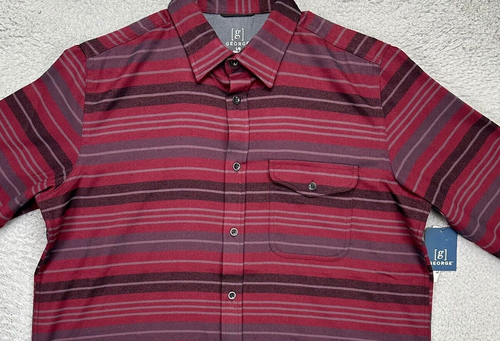 George Shirt Mens Large Red Stripe Flannel Button Up Flap Pocket Long Sleeve NEW