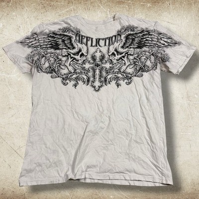 Vintage Affliction Shirt Large MMA Fighting Distressed Skulls Wings Gothic Art 