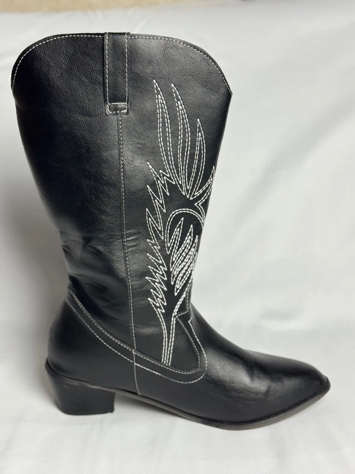 Botas vaqueras vaqueras de cuero negras para mujer - Costuras bordadas talla 10 Foto 3 de 4