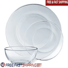 12-Piece Clear Glass Dinnerware Set 4 Modern Plates Bowls Dishwasher Safe Round
