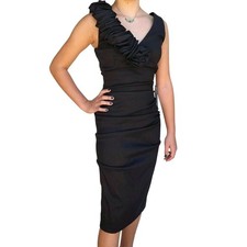 Vintage 90s Y2K Black Pin Up Vamp Dress Size 4 New V Neck Taffeta Rosettes