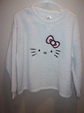 Sanrio Hello Kitty Women's Large Fluffy White Sweatshirt Bow  Whiskers Design