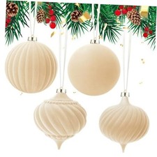 4 Pcs 6 Inch Large Velvet Christmas Ball Ornaments Vintage Christmas Beige