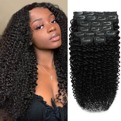 Kinky Curly Clip In Hair Extensions 18 Inch Human Hair 110g 8pcs Full Head Black