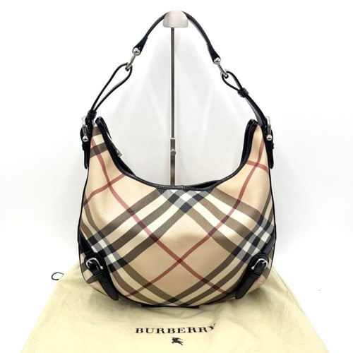 BURBERRY Hobo Shoulder Bag PVC Leather Check Black Vintage Authentic From Japan
