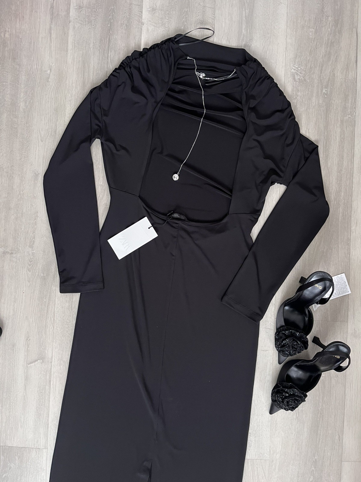 Zara Women's Draped Midi Dress Long sleeve With Jewel  Back Black Size Small NWT thumbnail 5