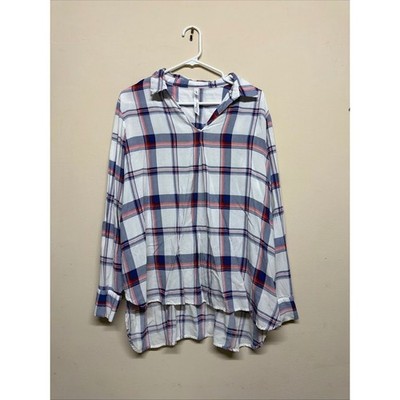 Collection Woman Plaid Tunic Shirt Long Sleeve V Neck High Low Hem White Blue