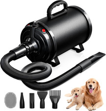 Dog Dryer 3800W High Velocity Pet Grooming Blower with Brush 4 Nozzles Black
