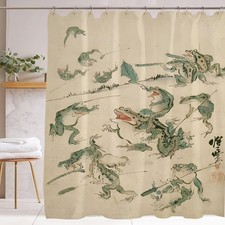 Funny Frog Shower Curtain - Japanese Retro Bathroom Decor with 12 Hooks, Wate...