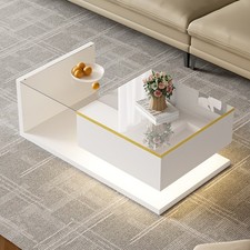 Coffee Table with LED Light & Glass Top White With Drawer Living Room Furniture