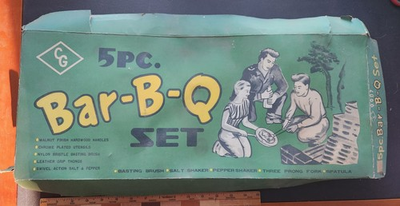 #ad #ad New 1960#x27;s CG 5 Pc. Bar B Q Set Walnut Finish Hardwood Handles. Stainless Tongs $20.00