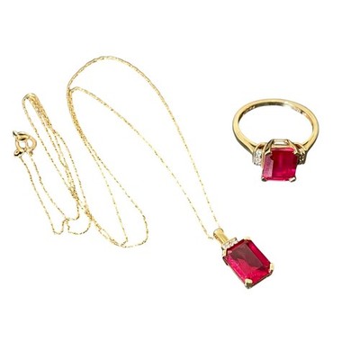 10K Gold Rubin roter Stein Anhänger Halskette 20'' Ringgröße 7 Set Vintage