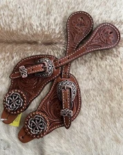 MENS Tooled Medium Oil Leather Western PAIR Spur Straps COPPER Celtic Knot