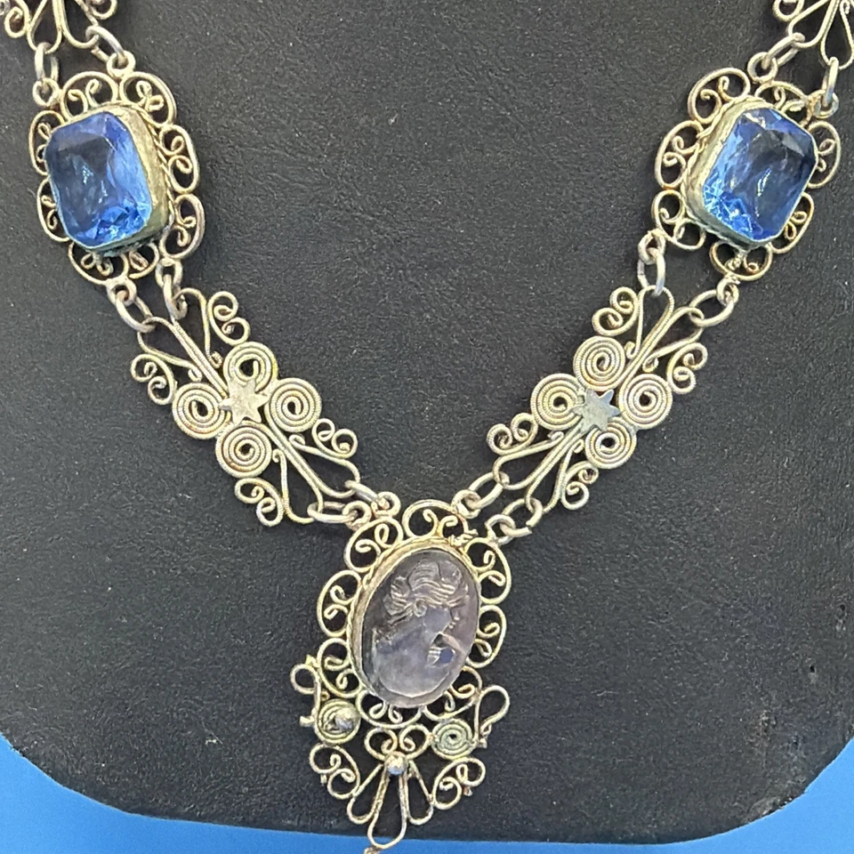 Victorian Silver Tone Filigree Carved Cameo Necklace - Image 3 of 4