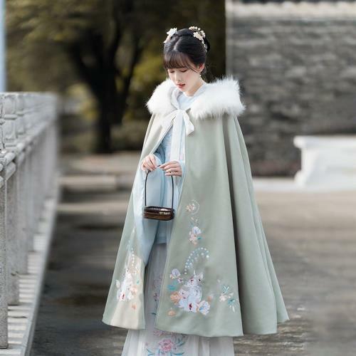 Vintage Style Embroidered Winter Cloak Jacket Womens Faux Fur Hooded Cape Coat - Picture 17 of 17