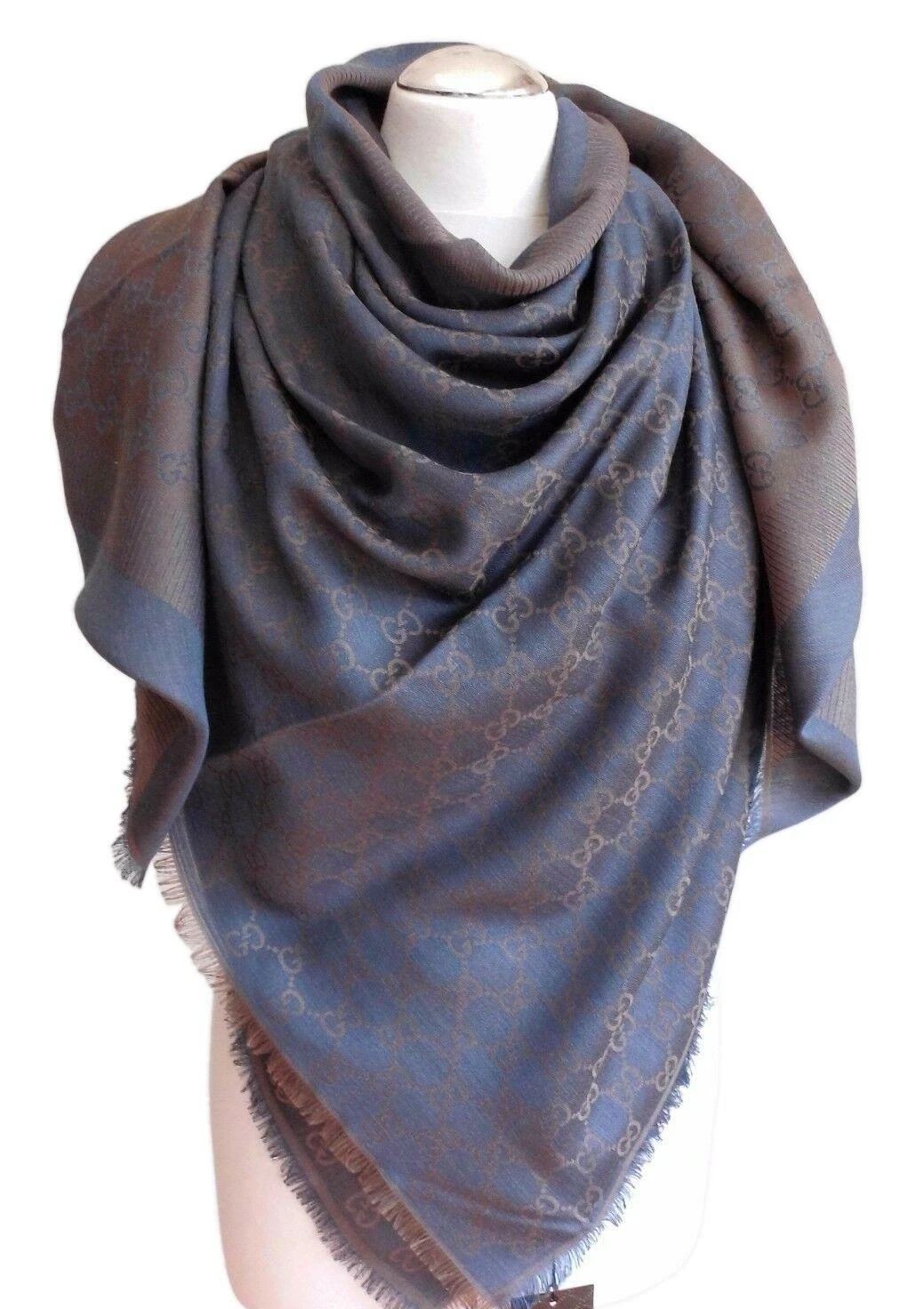 Écharpe de luxe GUCCI tissu laine soie 140 x 140 neuf bleu marron écharpe châle sciarpa