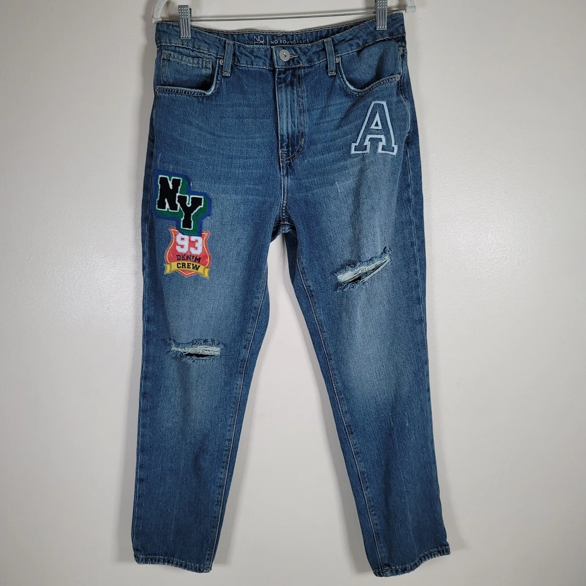 No Boundaries Womens 13 Blue Straight Mid Rise NY 93 Dream Crew Patch  Distressed