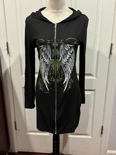 Hoodie Dress Women's Sweatshirt Black Long Sleeve Kangaroo Pocket Sz L 31"Lx19”W