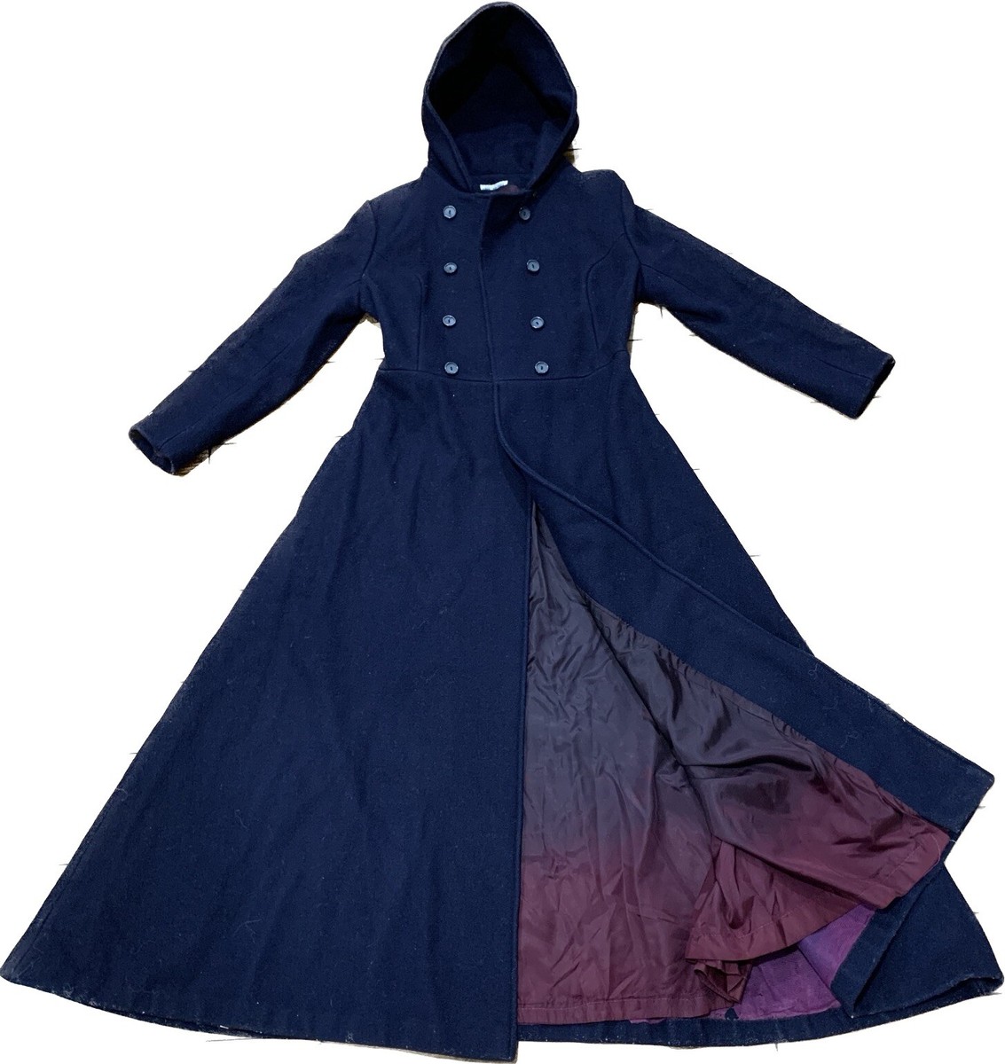 Vintage Wool Hooded Pea Coat Long Overcoat Navy Blue Women’s