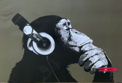 Chimpanzee With Headphones Pondering Music Poster 24 x 35 | eBay
