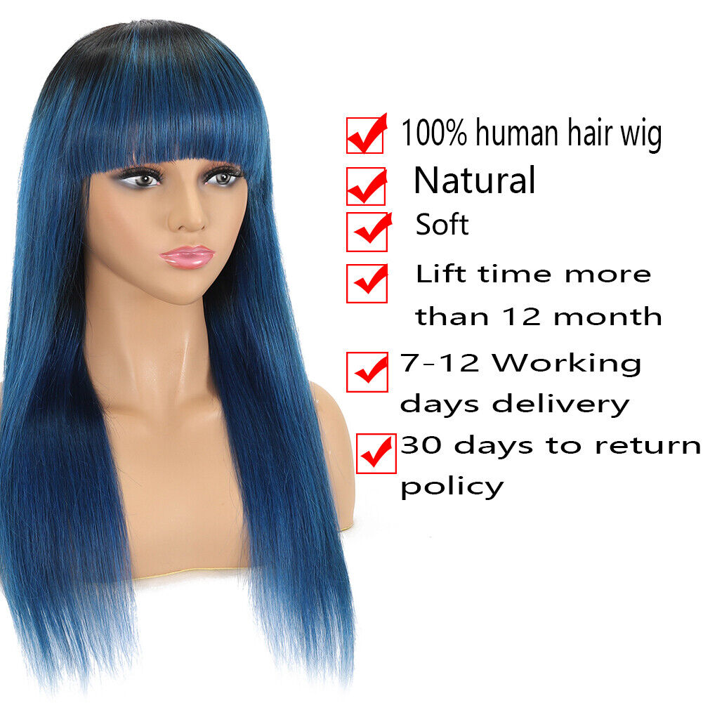 Ombre Blue Human Hair Wig With Bangs 2 Tone Machine Made None La
