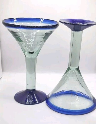 Mexican Hand Blown Martini Glasses With Blue Rim & Base Band 4"w x 6.25"h