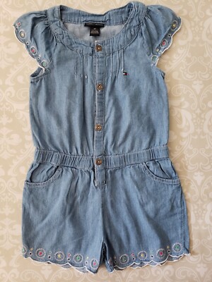 Tommy Hilfiger 4T Girl Denim Blue Jean Chambray One Piece Romper Jumpsuit