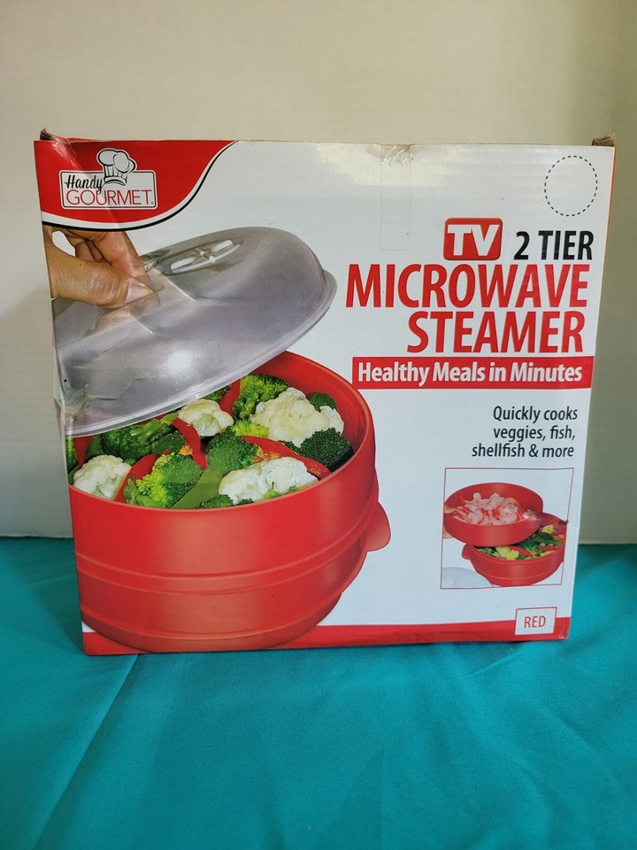 Red 9" Handy Gourmet 2 TIER MICROWAVE Vegetable Food STEAMER Easy