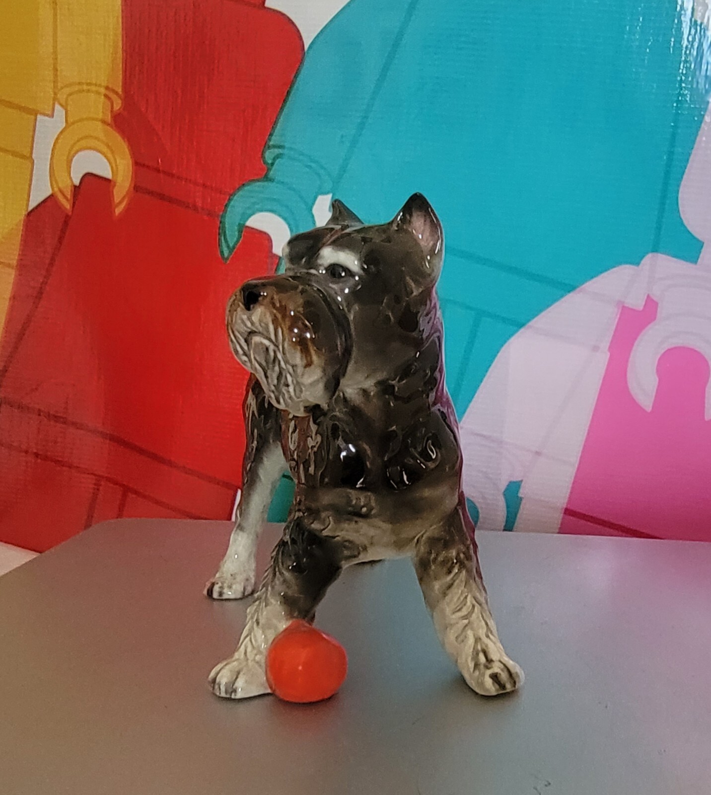 Goebel Made In West German Schnauzer Gray Dog With Red Ball Figurine