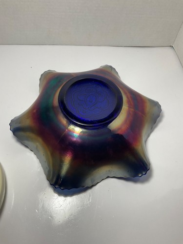 Vintage Fenton Carnival Cobalt Blue Glass Bronze Iridescent Six Ruffle Edge Bowl - Picture 5 of 8