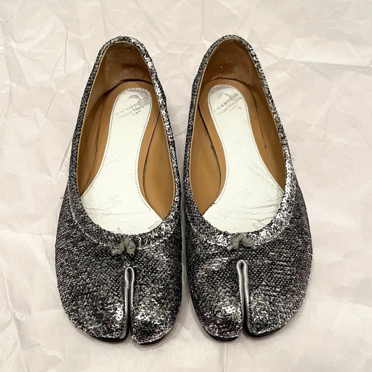 Maison Margiela Tabi Sequin Flat Pumps Silver EU Size 35.5 Rare with Box