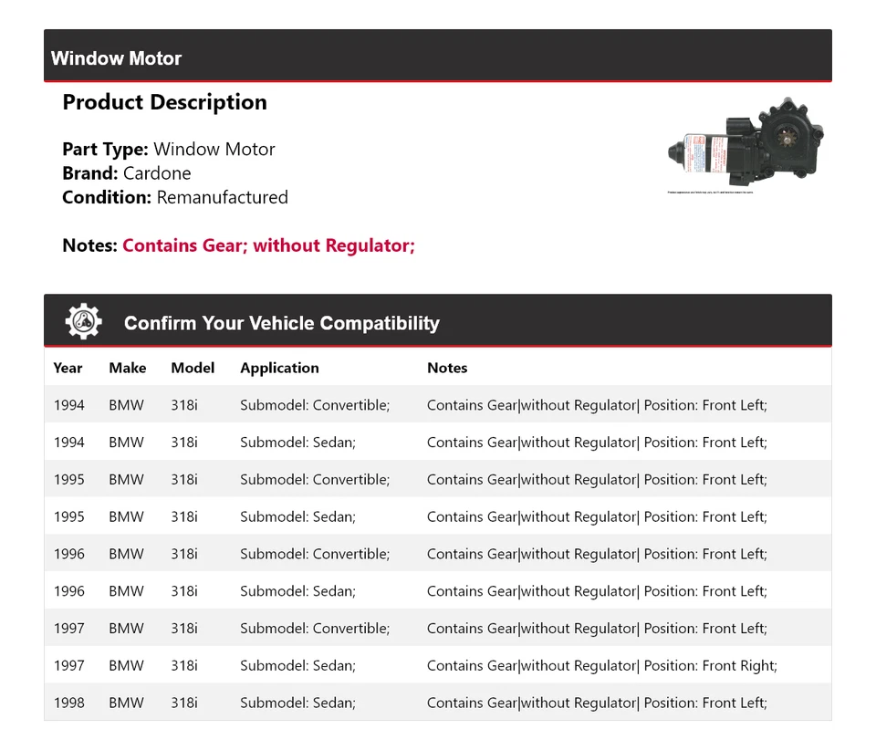 Para BMW 318i 1994-1998 Ventana Motor Cardone 1995 1996 1997 Foto 2 de 4