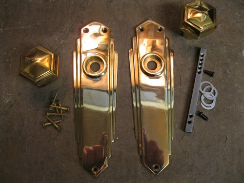 Pr of 1930`s Art Deco Reproduction Brass Hexagonal Door Knobs & Backplates PBU1 - Picture 4 of 6