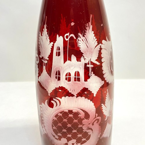 Egerman Ruby Red Czech Bohemian Cut-to-Clear Etched Castle Decanter Genie Bottle - Picture 14 of 18
