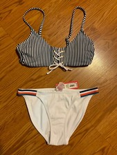  LOT OF 2 PIECES Xhilaration Navy White Bikini Swim Top S  Cheeky Bottom XS