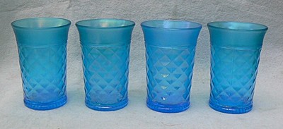 Vintage Northwood Glass Blue Stretch Glass #557 Concave Diamonds Tumbler c.1910