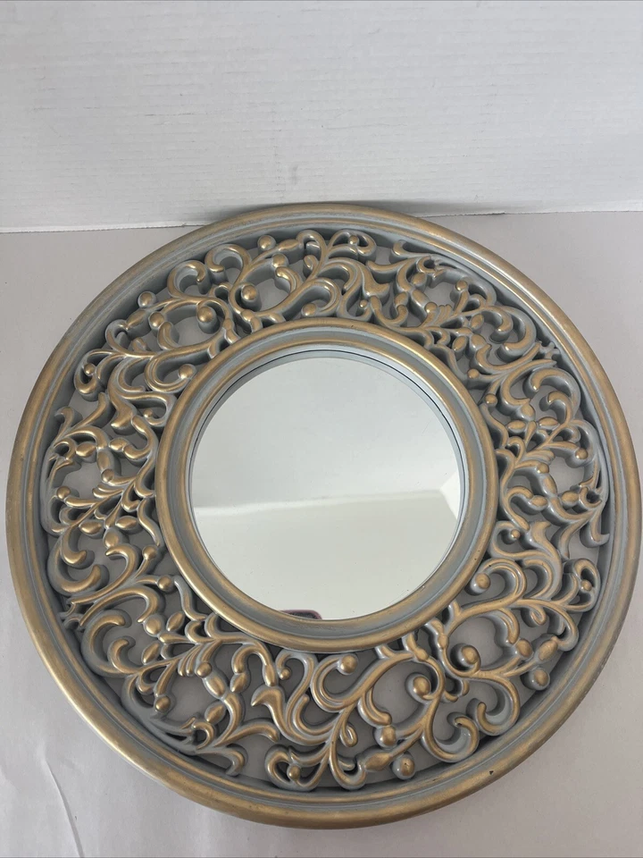 Mirror Wall Accent Ornate Frame Light Gray W/gold Trim 14” Lightweight Plastic - Image 2 of 4
