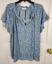 NWT NEW Max Studio Women's Plus Size 2X Floral Blue S/S Blouse Top Polyester