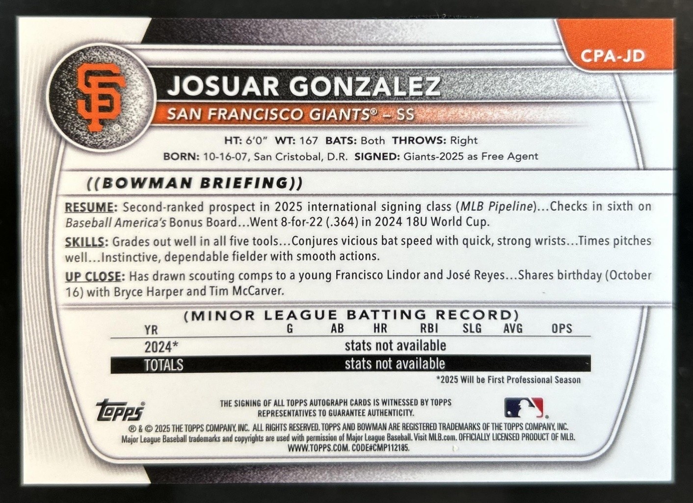 2025 Bowman Chrome Josuar Gonzalez Auto Gold Mini Diamond Refractor 1st #/50 view 2