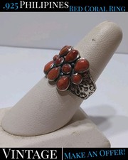   VINTAGE  .925 Sterling Silver Philipines Red Coral Ring - Size 8