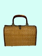 Vintage Wicker Tote Bag Rattan Purse Bamboo Butterscotch Bakelite Handles brass