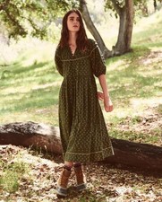 THE GREAT Sterling Dress Army Green Foil Floral Midi Cotton Pintuck Size 3 / L