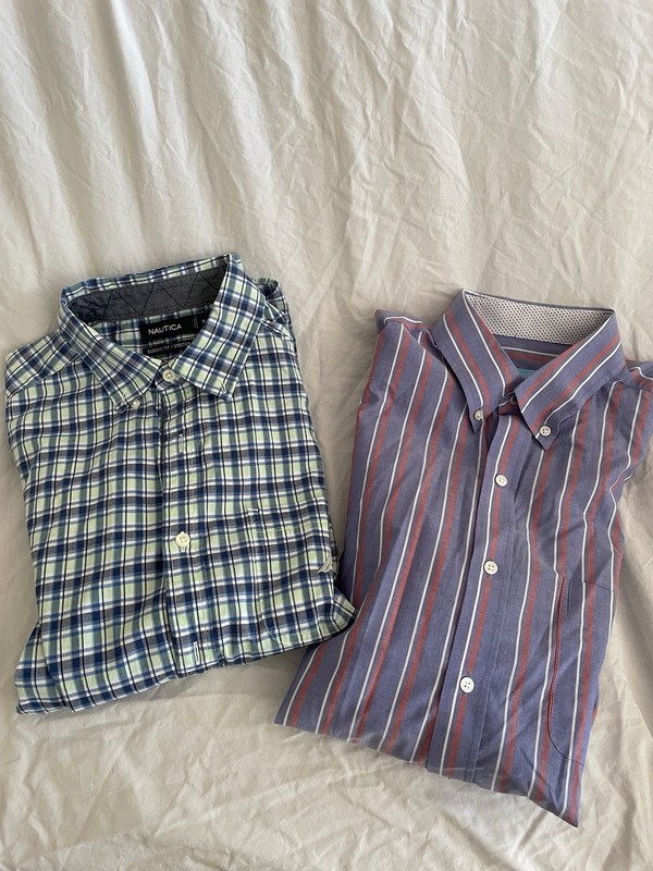2 Men's Dress Shirts Nautica Plaid Blue J.McLaughlin Striped Purple Size M - EUC