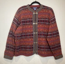 Vintage Eagles Eye Wool Cardigan Sweater Womens Size L Red Fair Isle Metal Clasp