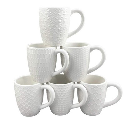 Schliersee 12 OZ White Ceramic Coffee Mugs set of 6, Stylish Embossed Coffee Cup