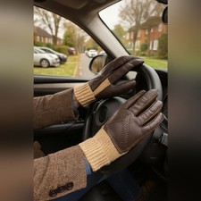 Vtg Brown Leather Knit Gloves Small Wool Blend Trim Winter Cold Weather Driving